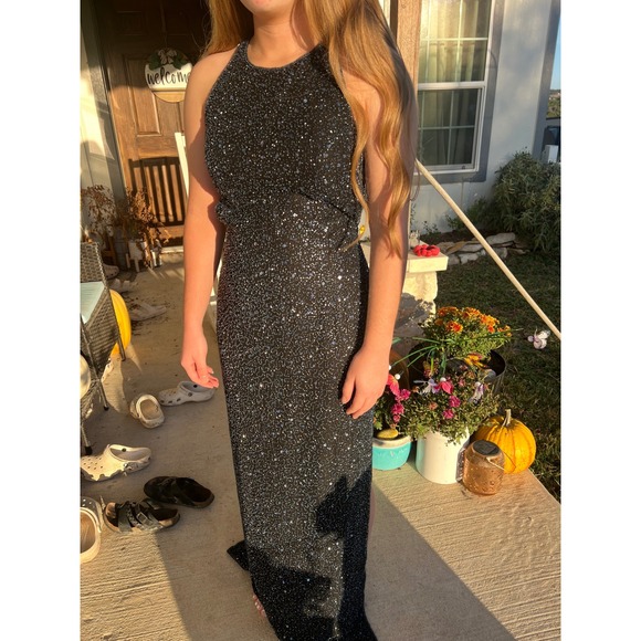 Vintage SCALA Beaded Halter Neck Evening Gown Blue 100% Silk Formal Dress Medium - Picture 15 of 17